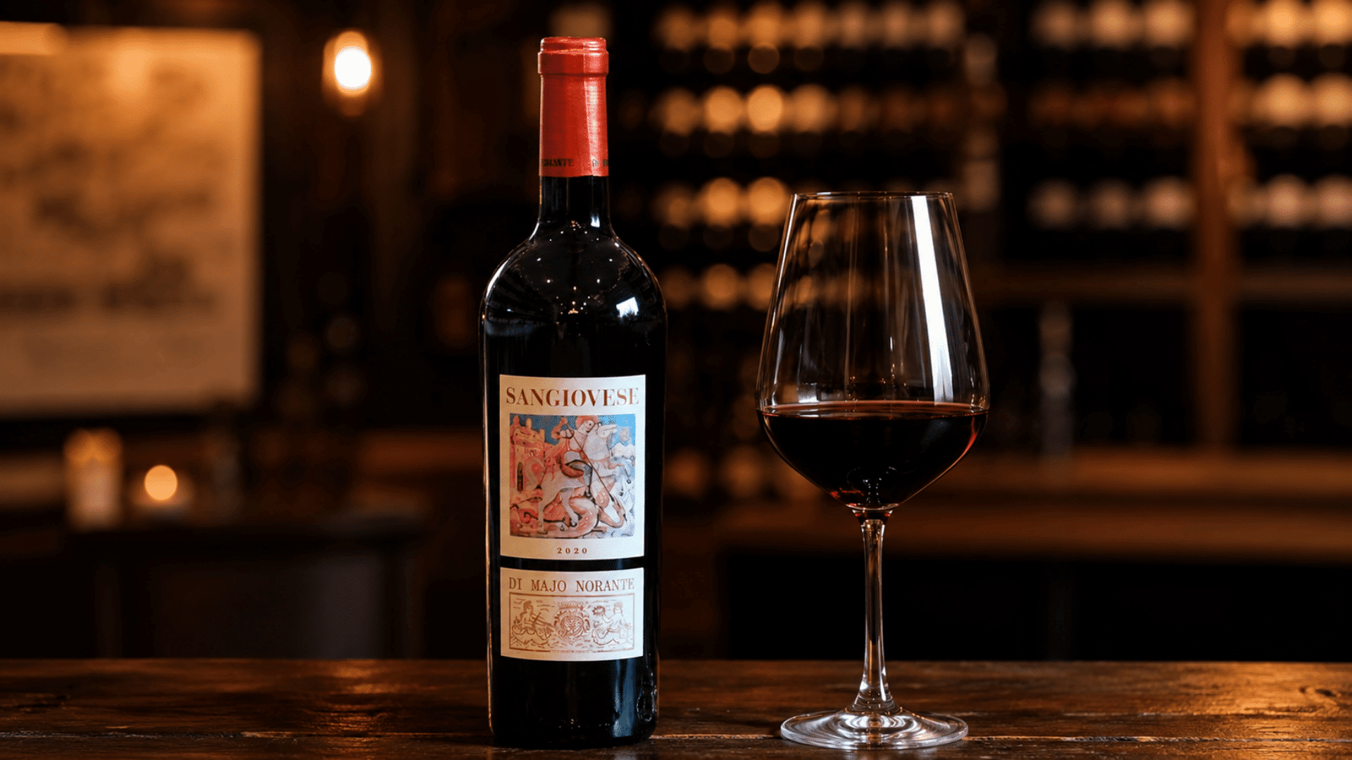 sangiovese red wine bottle beside a filled wine glass in a warmly lit cellar