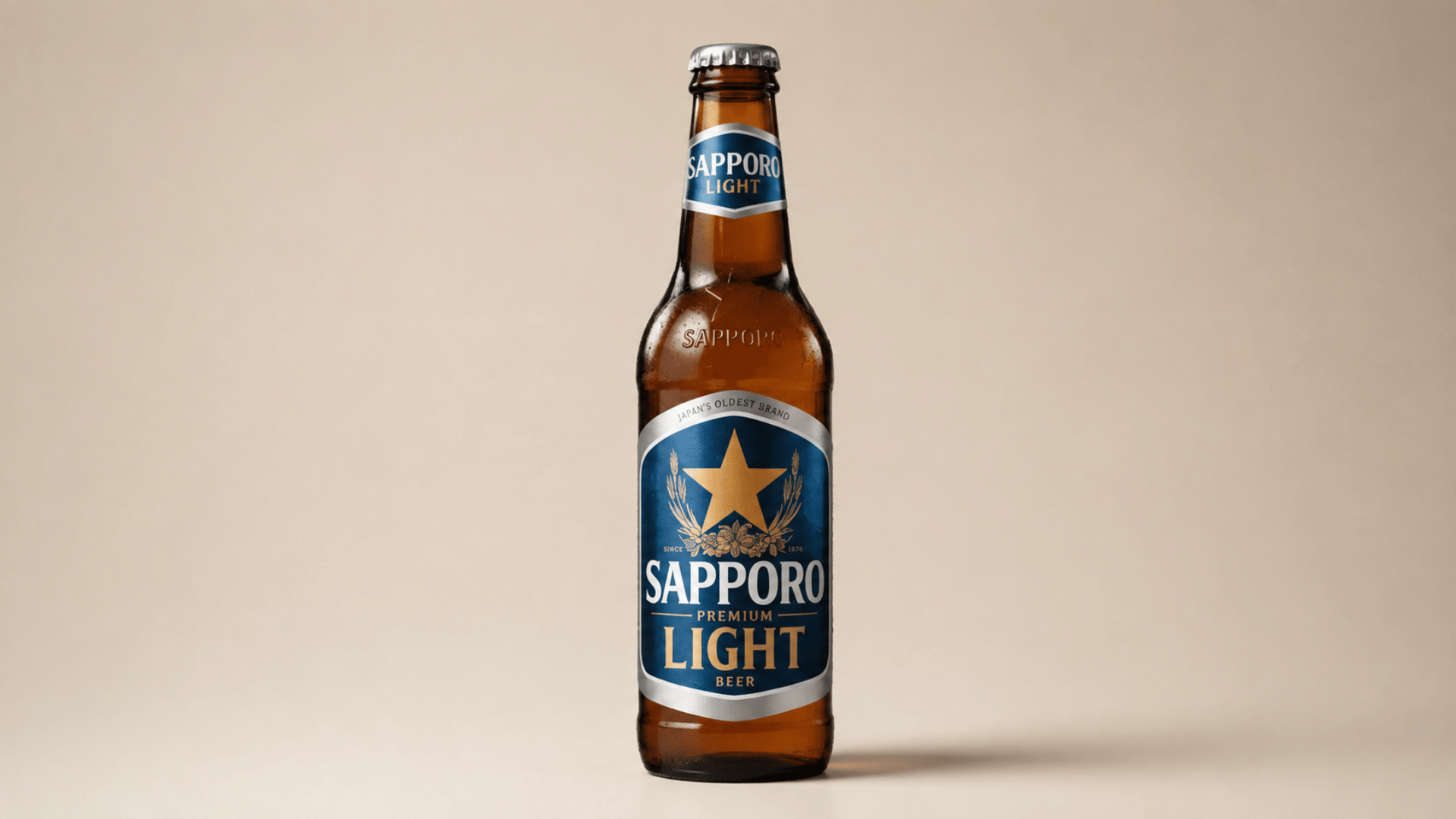 sapporo light beer bottle with label facing forward on background.