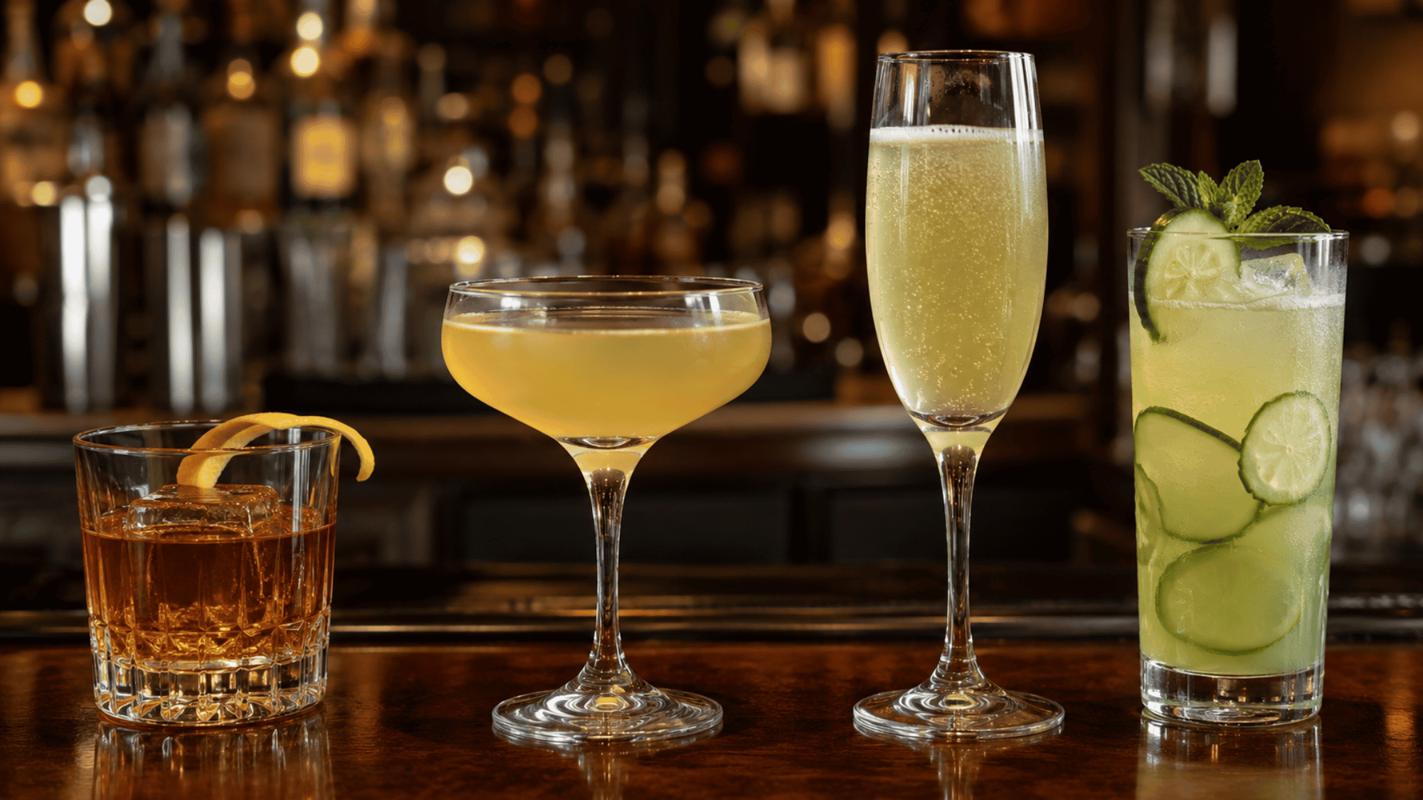 Sazerac, Corpse Reviver No. 2, Champagne absinthe, and Green Beast cocktails on a bar.