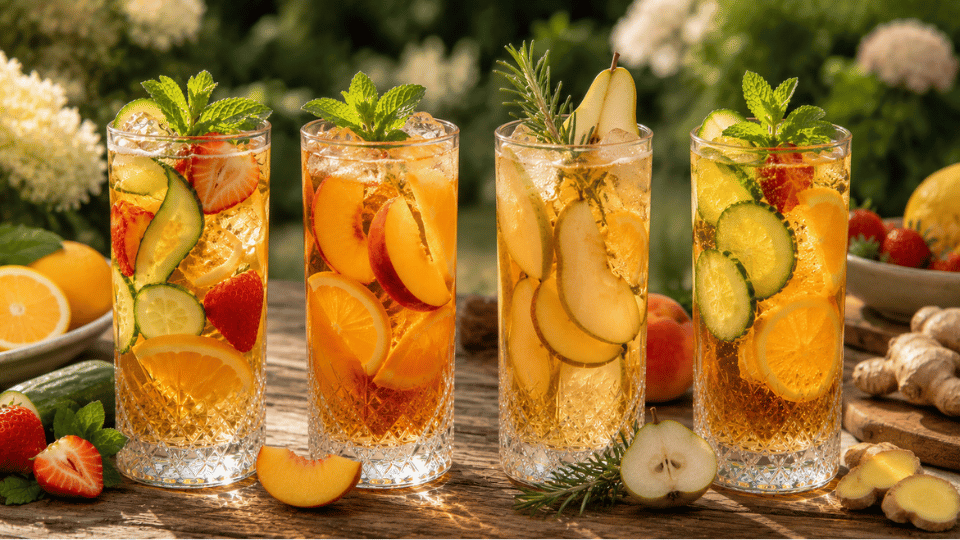 Four Pimm's drink variations with classic, peach, pear, and ginger garnishes displayed side by side