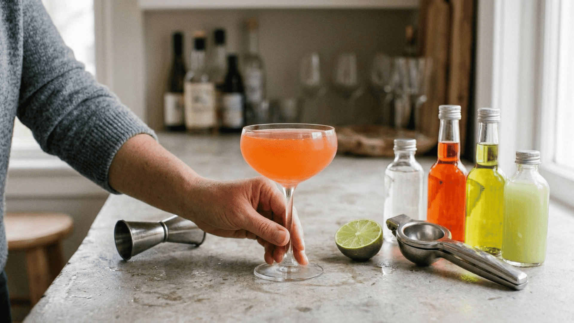 finished coral <echighlighted><echighlighted>naked and famous cocktail</echighlighted></echighlighted> in a coupe glass on a stone countertop