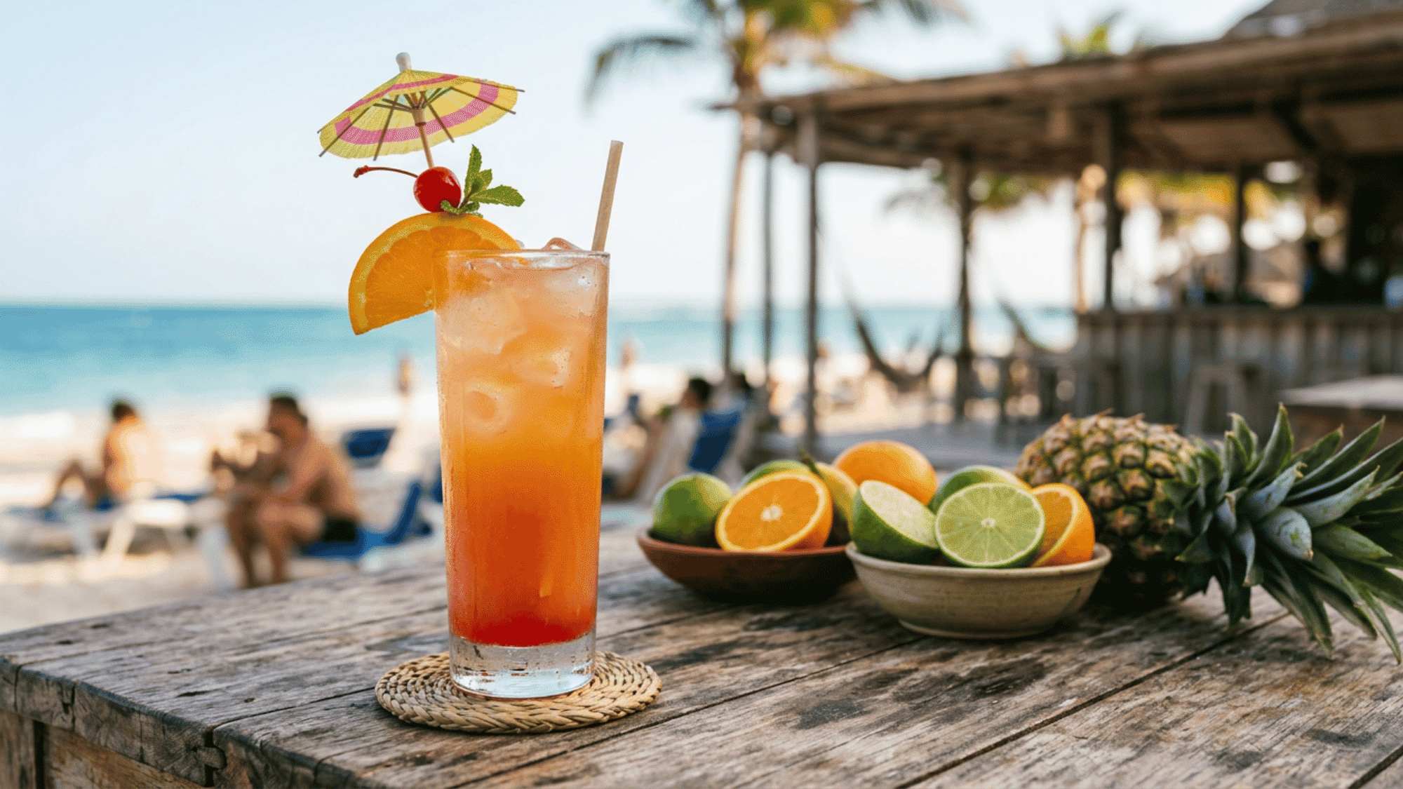 Sex on the Beach cocktail with orange, cherry, and umbrella garnish on a rustic beachside table.