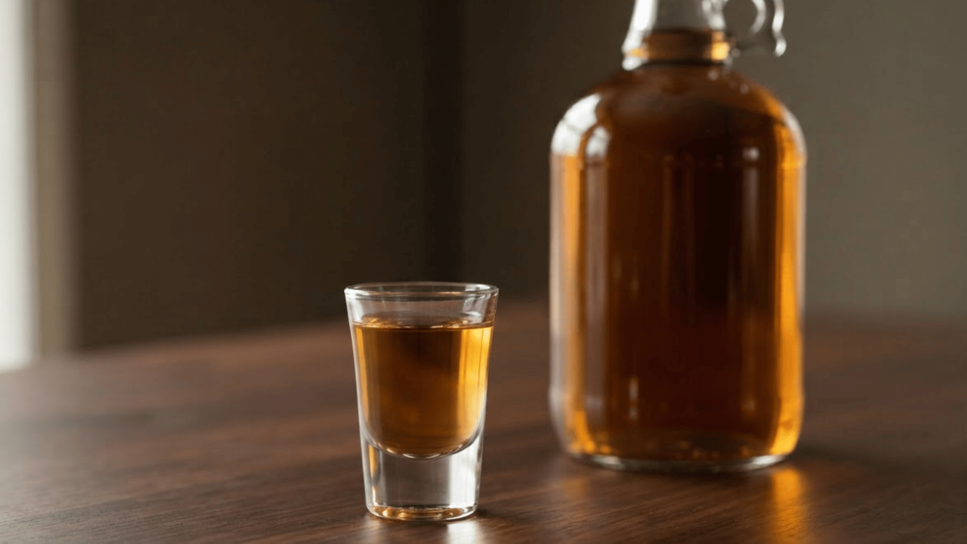 shot glass filled with amber liquor beside a large handle bottle on a wooden table