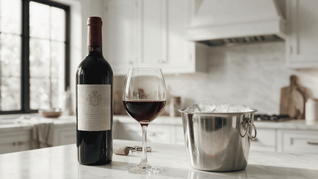 Bottle of red wine with filled wine glass beside an ice bucket on a bright modern kitchen counter