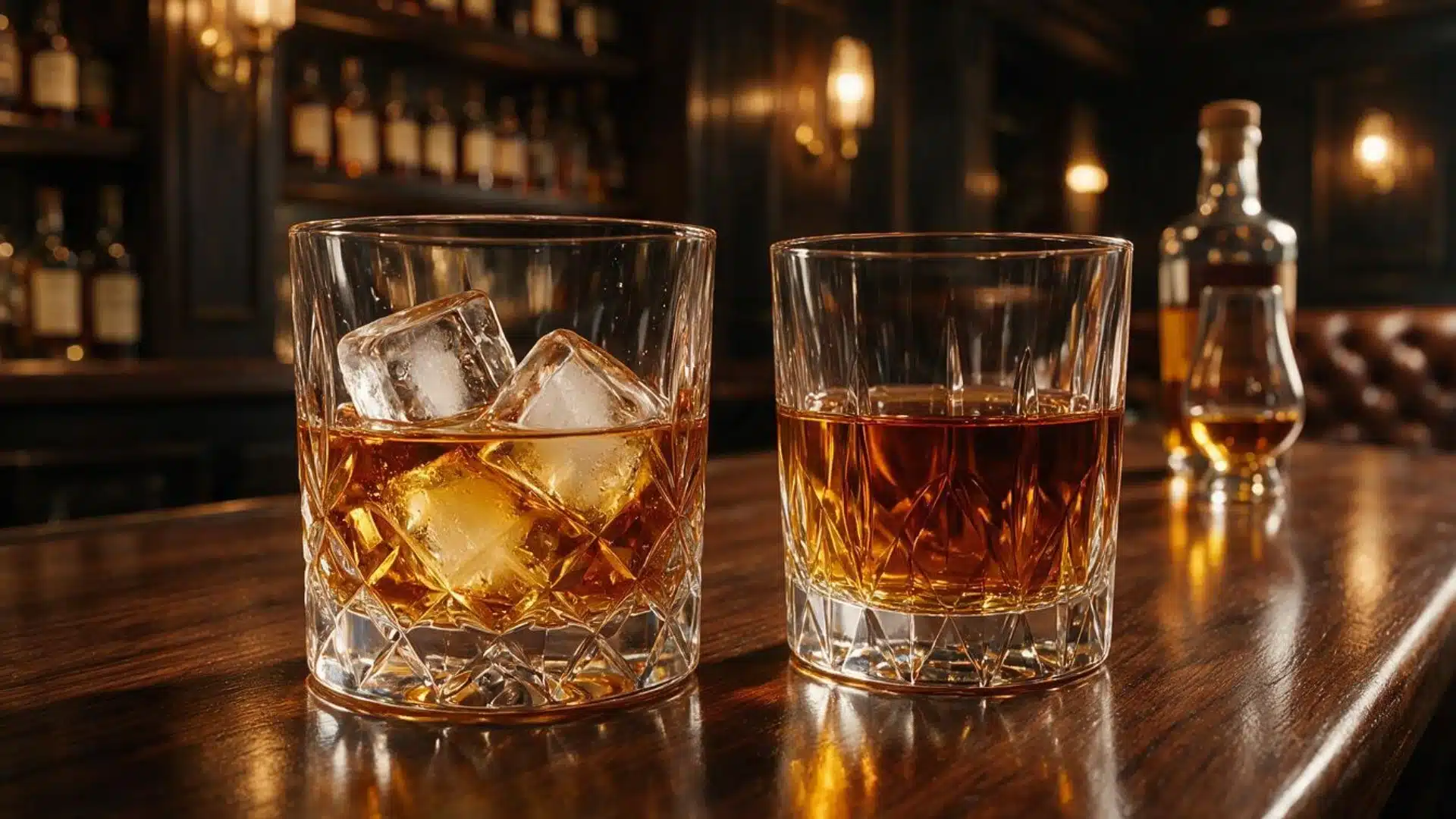 side-by-side whiskey neat and on the rocks showing melting ice and rich amber color in crystal glasses