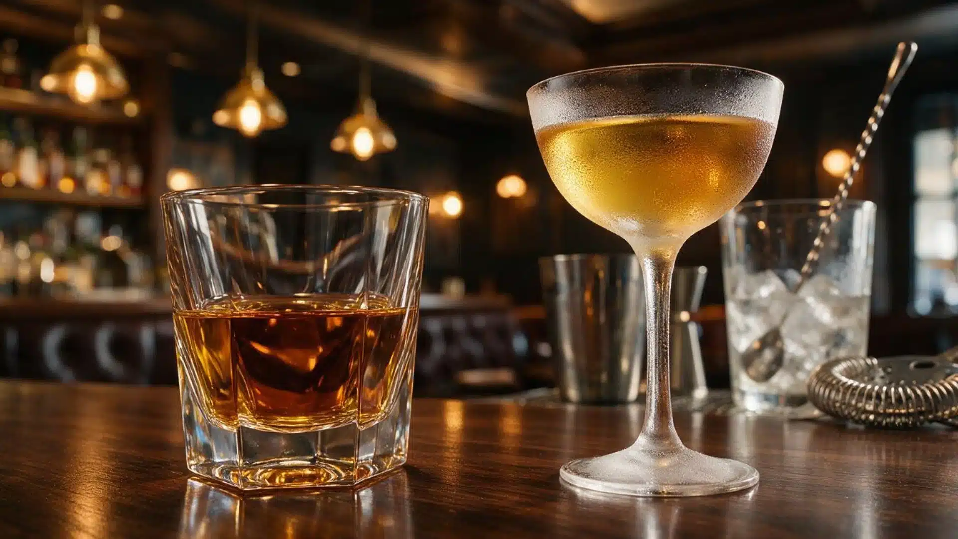 side-by-side whiskey neat and straight up showing room-temperature and chilled whiskey without ice
