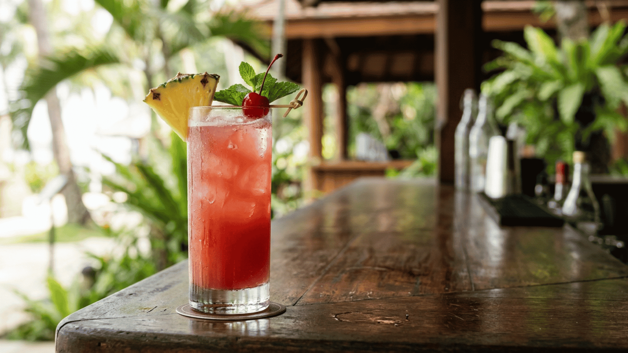 Singapore Sling with pineapple, cherry, and mint garnish served on a rustic tropical wooden bar.