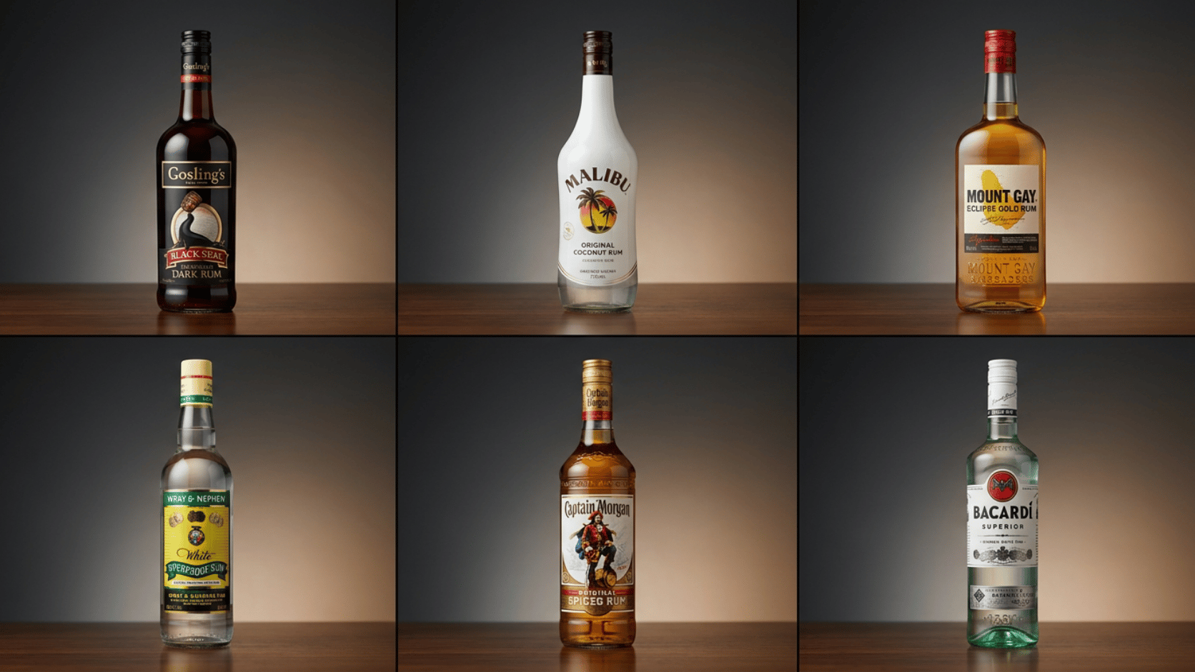 Six rum bottles displayed in a 2x3 grid collage, featuring dark, coconut, gold, overproof, spiced, and white rum.