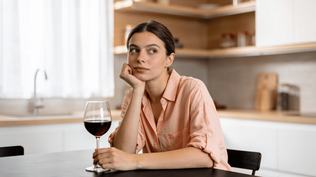 woman sitting at a table with a glass of red wine, looking thoughtful