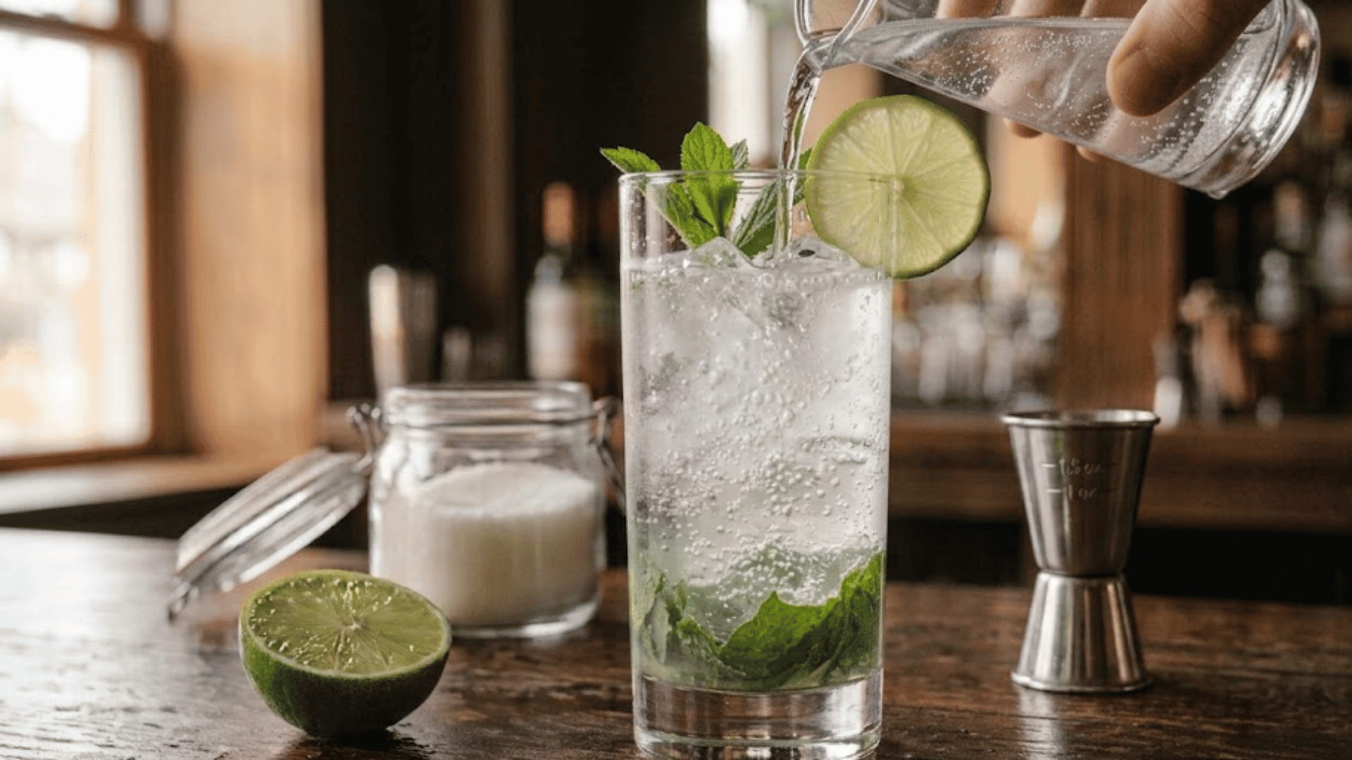 soda water poured into a mojito garnished with mint and lime