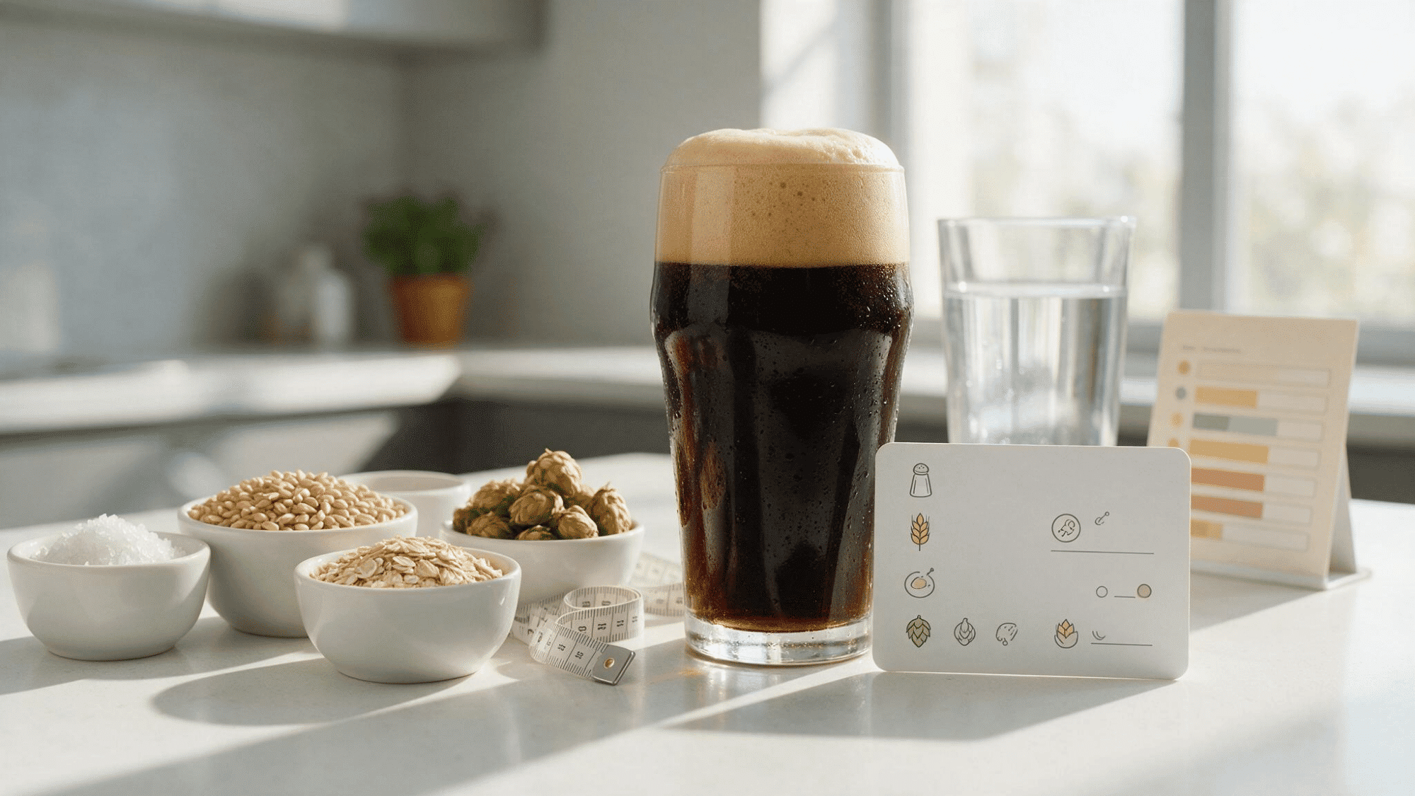 Dark stout beer beside simple nutrition visuals with barley, hops, sea salt, and water on a clean countertop.