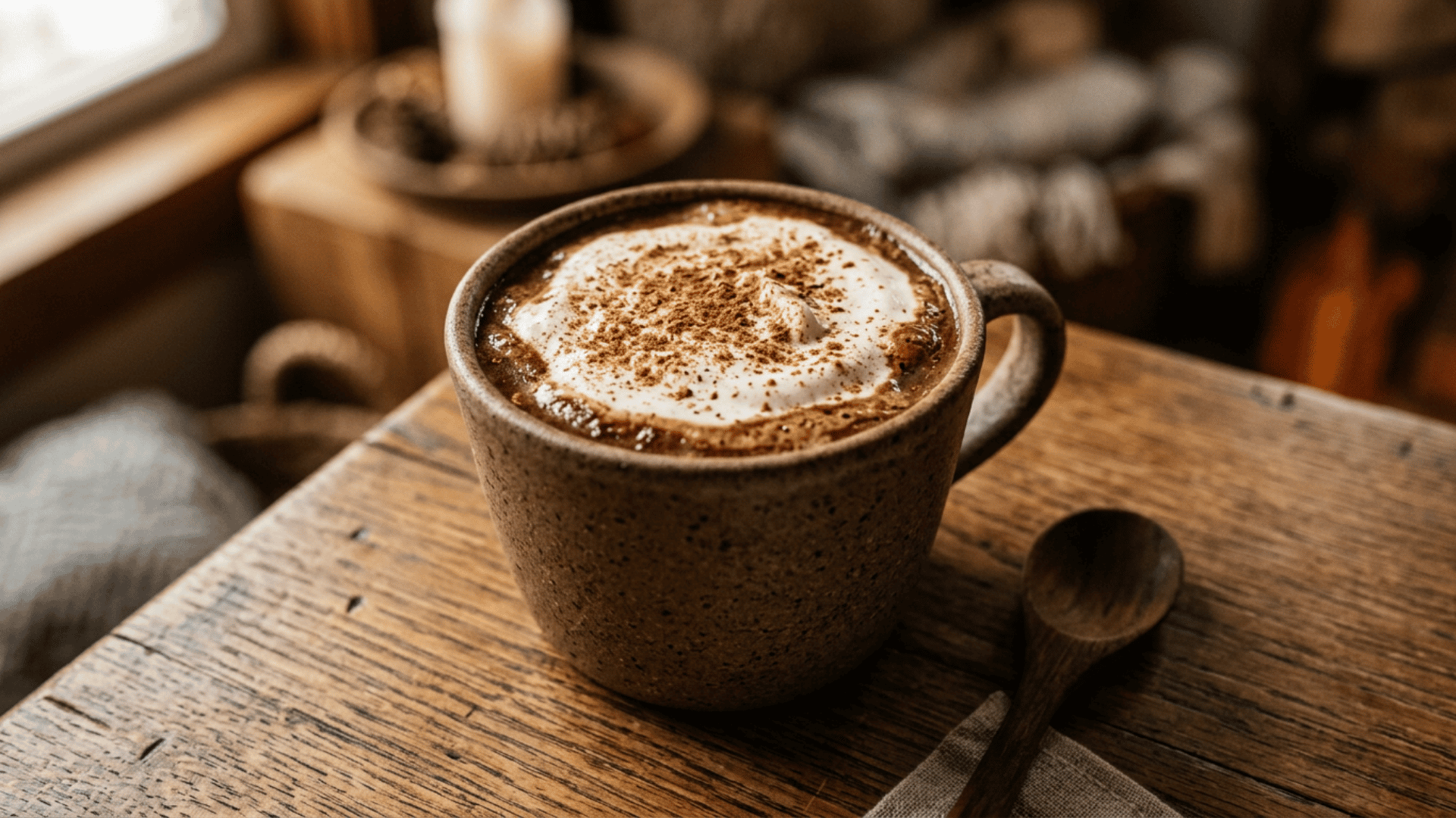 Spiced Rum Mocha topped with whipped cream and cinnamon in a mug