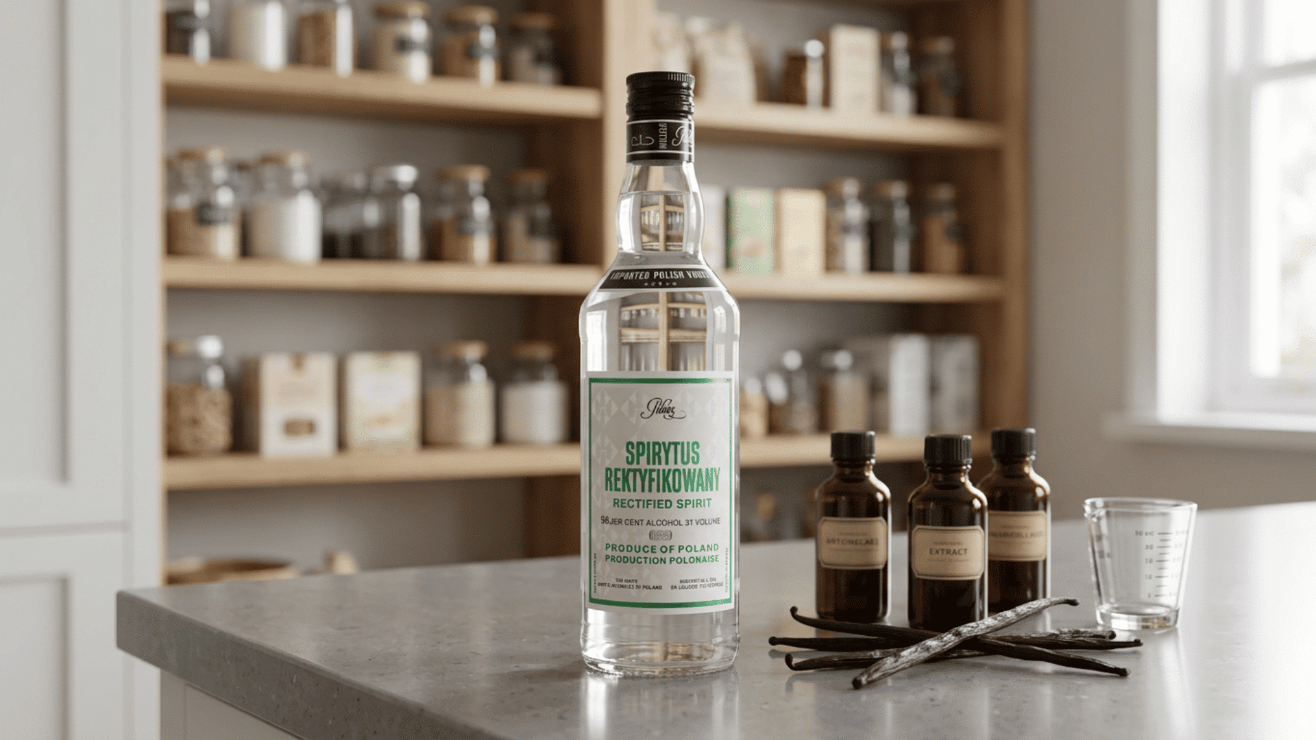 spirytus bottle with vanilla beans and extract bottles on a kitchen counter
