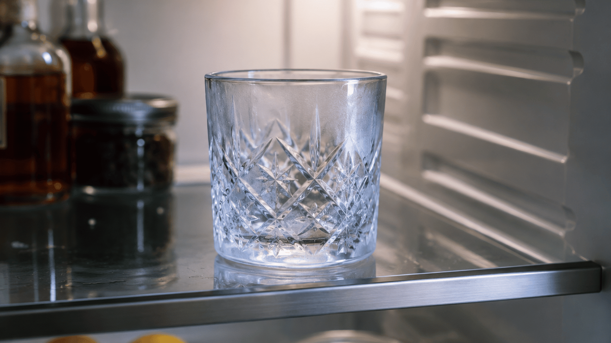 Crystal rocks glass chilling on a refrigerator shelf beside bottles and a jar