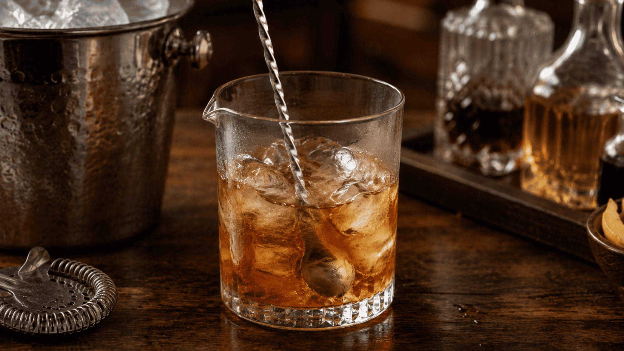 Bartender stirring a cocktail with ice in a crystal mixing glass