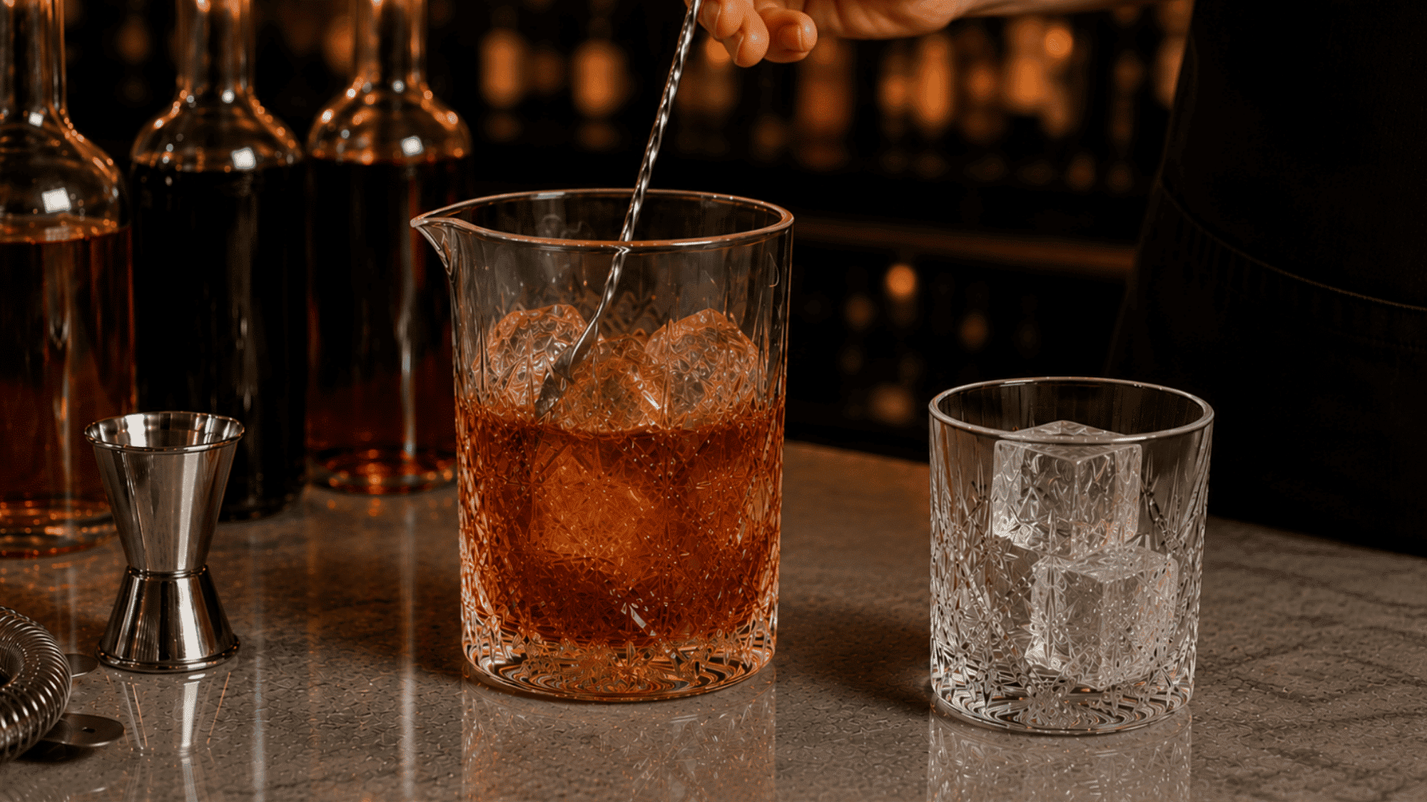 Bartender stirring a cocktail with ice in a crystal mixing glass on a bar