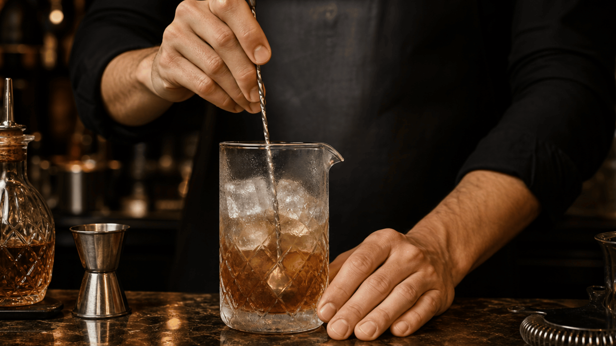 Bartender stirring rye whiskey with ice in a mixing glass for a classic <echighlighted><echighlighted><echighlighted>Sazerac cocktail</echighlighted></echighlighted></echighlighted>.