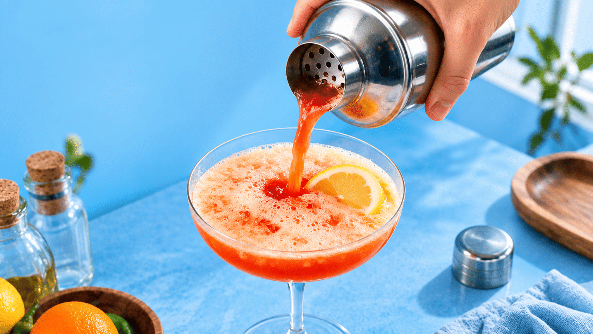 Paper plane poured from a shaker into a coupe glass with a lemon garnish.