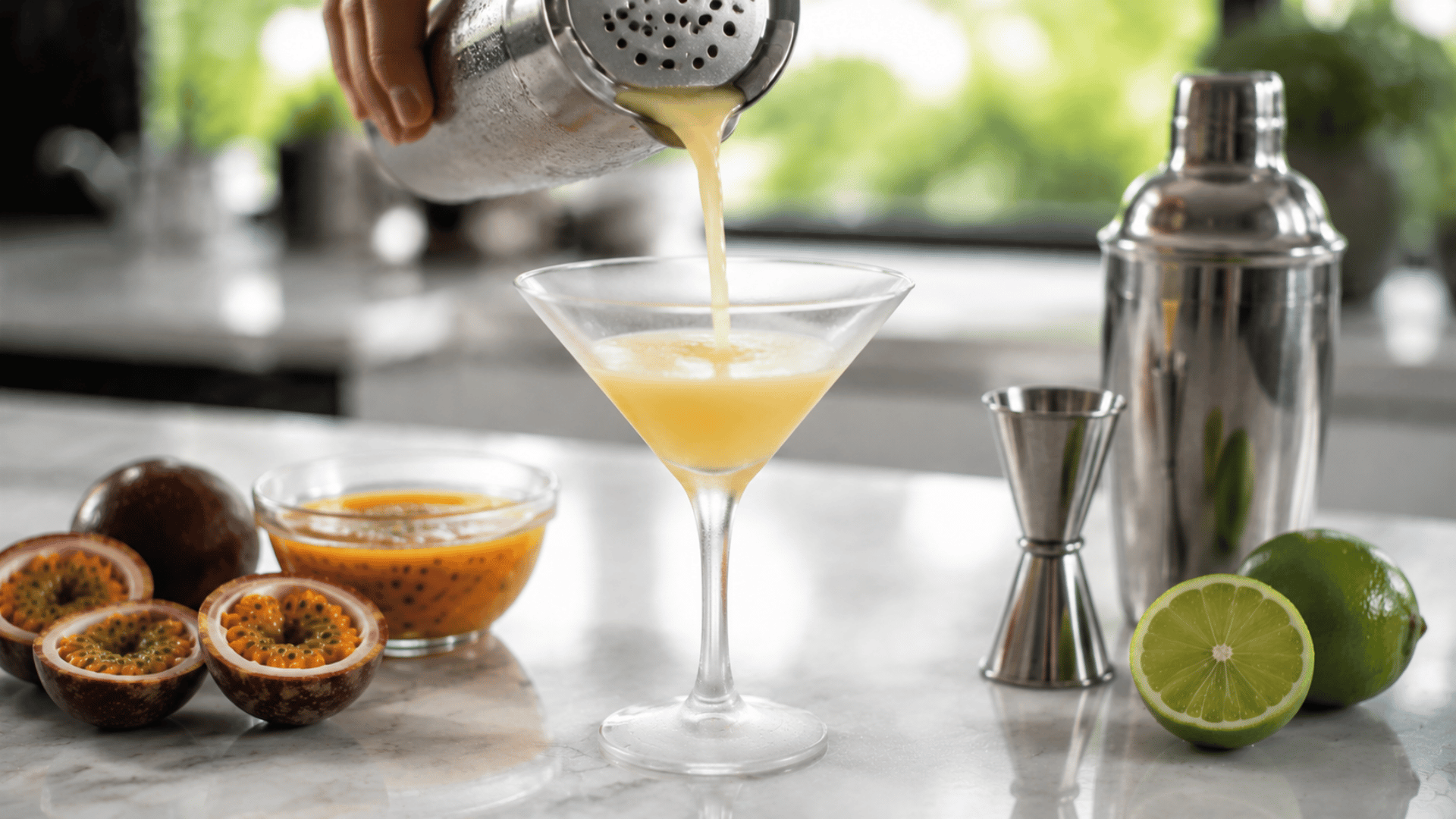Straining a chilled through a Hawthorne strainer into a frosted martini glass.