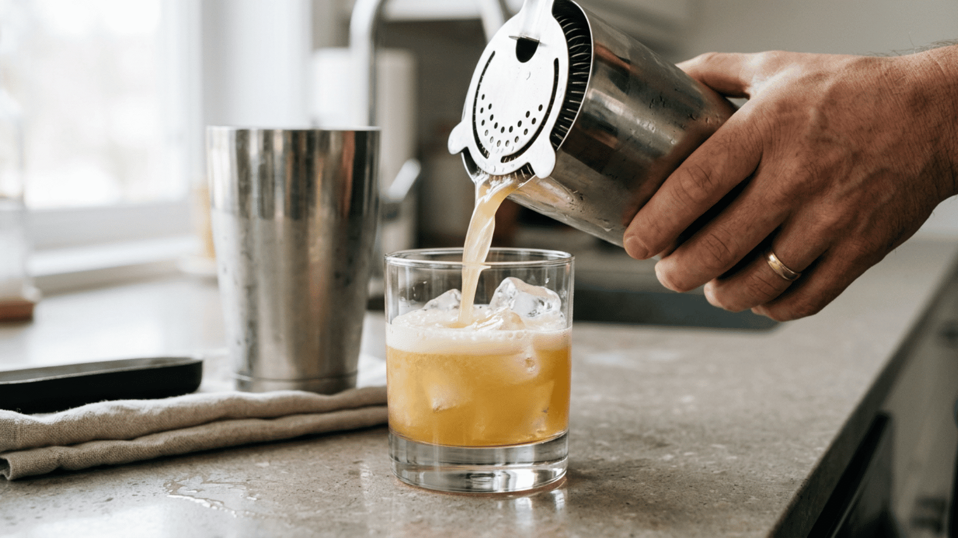 whiskey sour is strained into a rocks glass filled with fresh ice