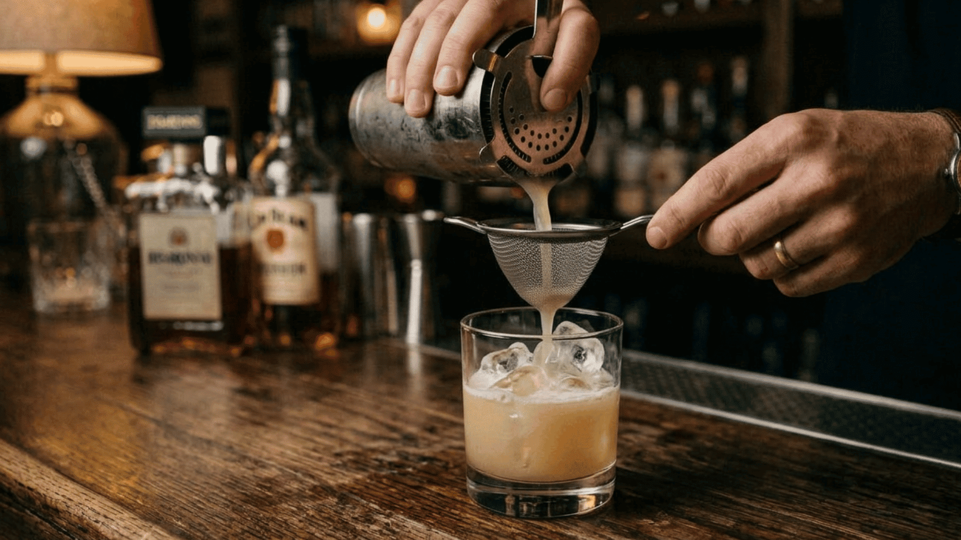 bartender strains a frothy amaretto sour into a rocks glass filled with fresh ice