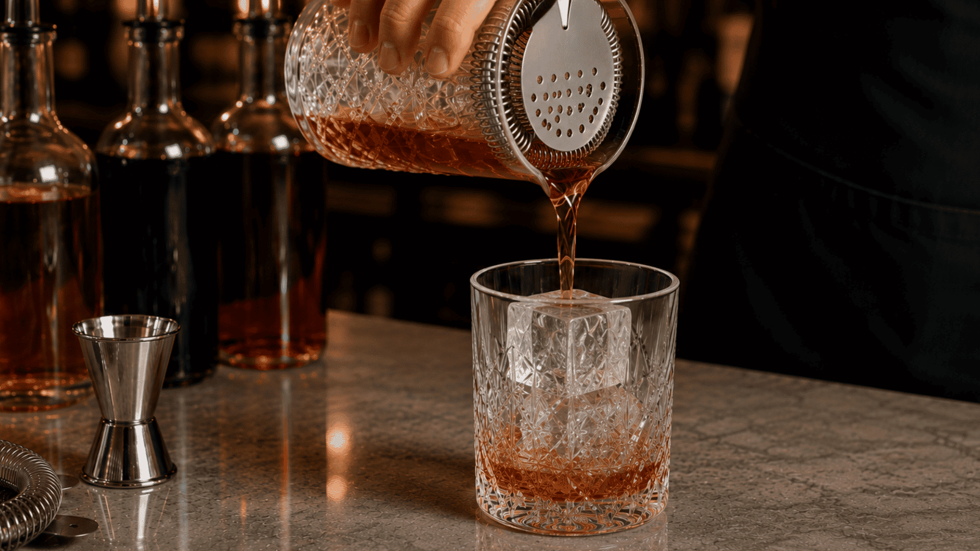 Cocktail being strained into a rocks glass with a large ice cube on a bar