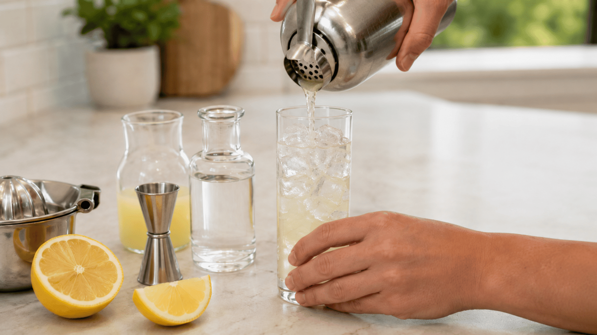 Chilled Tom Collins mixture strained into a tall glass filled with ice.
