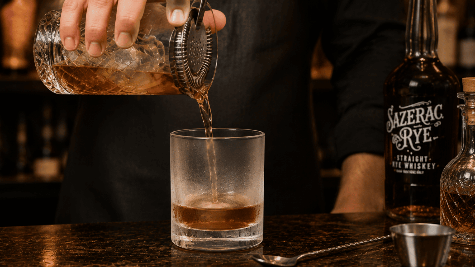 Straining a <echighlighted><echighlighted><echighlighted>Sazerac cocktail</echighlighted></echighlighted></echighlighted> from the mixing glass into a chilled glass