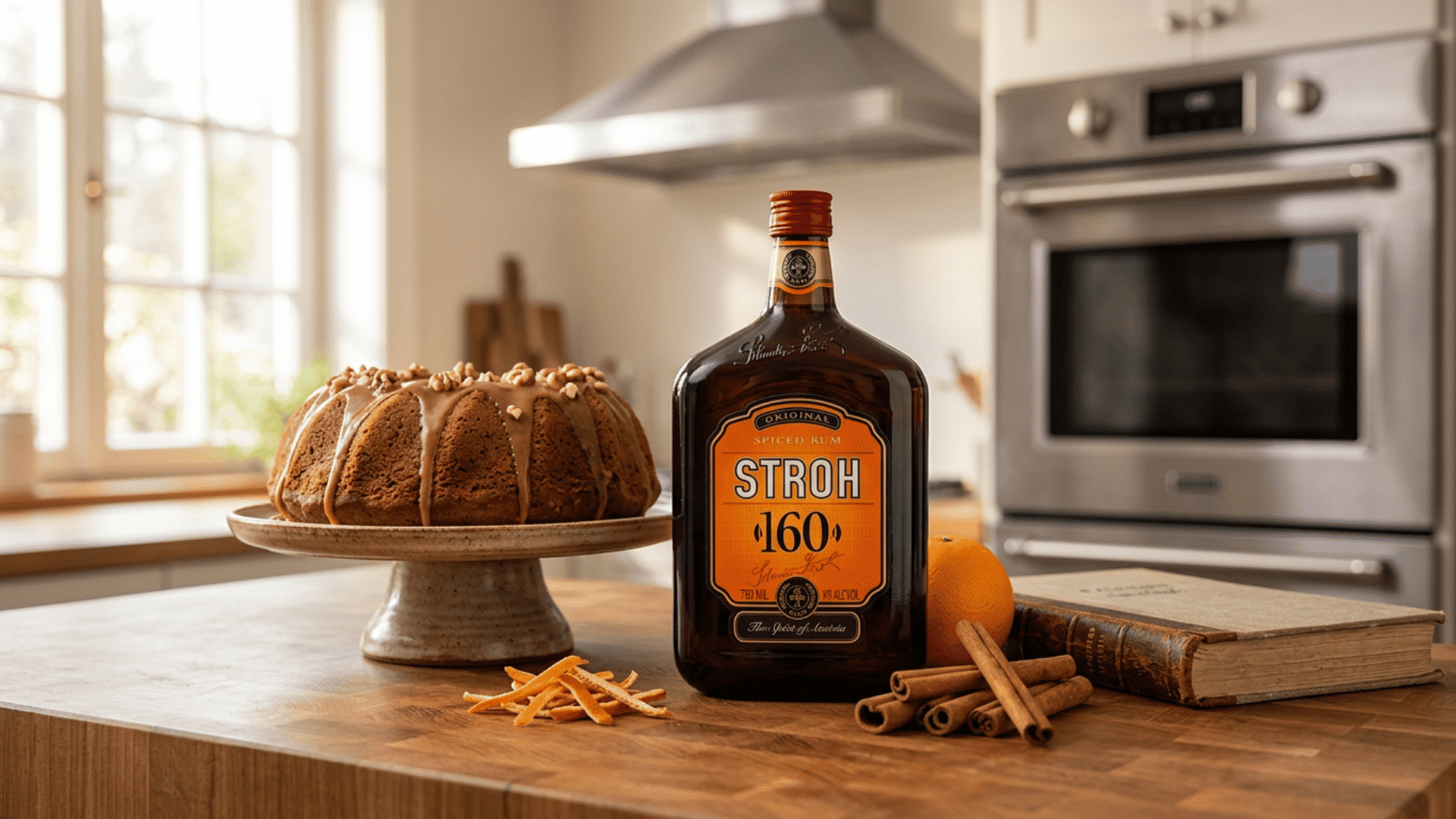 stroh 160 rum bottle with bundt cake, cinnamon and orange peel in a kitchen