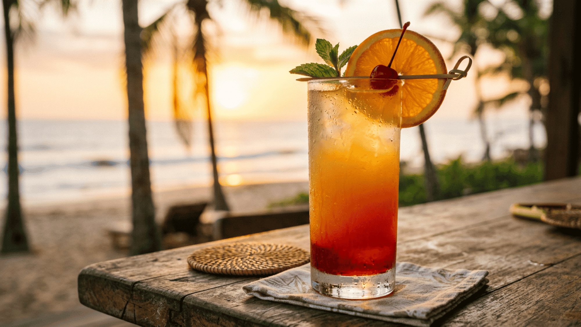 Sunset tropical cocktail with orange, cherry, and mint garnish served on a beachside wooden table.