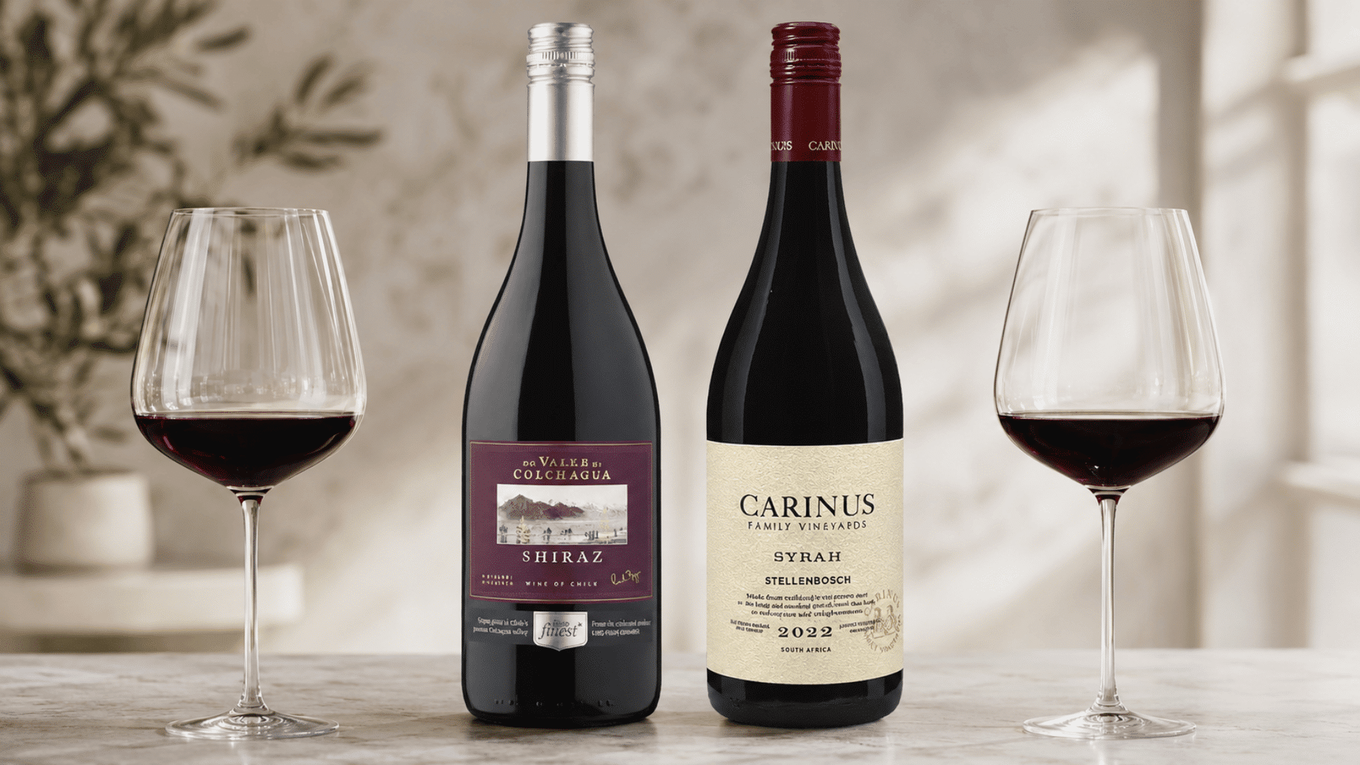 shiraz and syrah wine bottles between two glasses of red wine on a marble counter