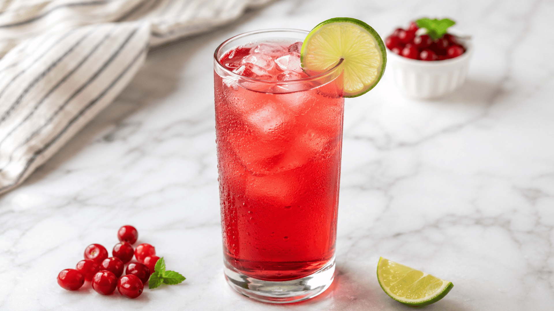tea-based cranberry mocktail with lime, ice, mint, and fresh cranberries