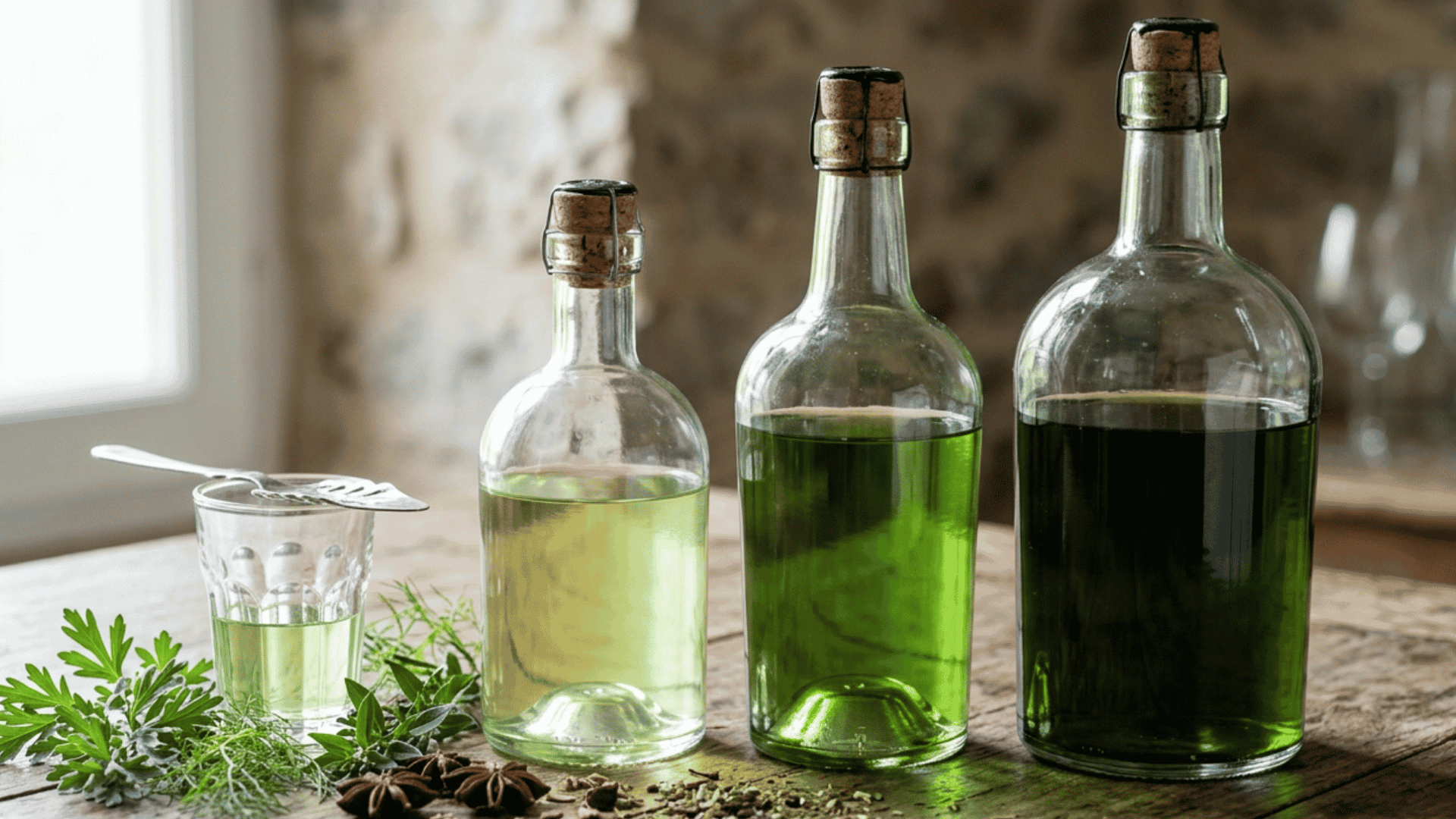 Three corked absinthe bottles beside a small glass, aromatic herbs, spices, and an absinthe spoon.