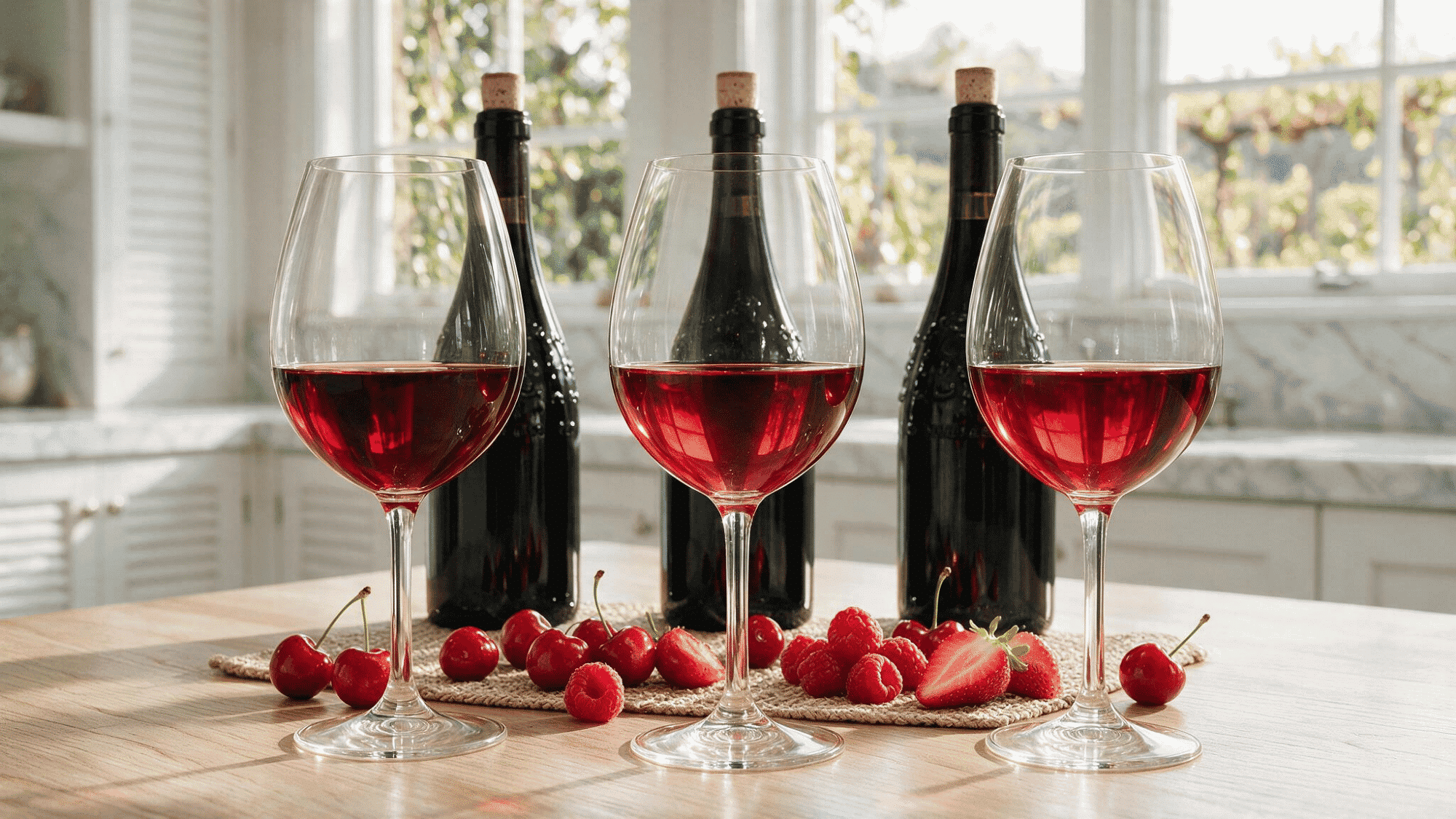 Three glasses of light-bodied red wine on a table with fresh berries in natural daylight
