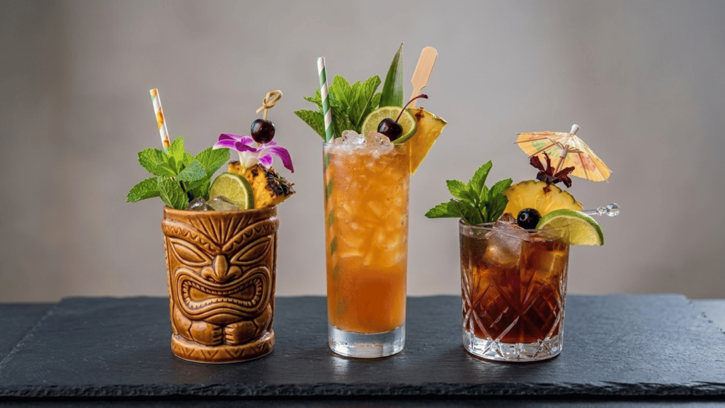 three tropical tiki cocktails with mint, lime, pineapple, cherries, and crushed ice on a bar counter