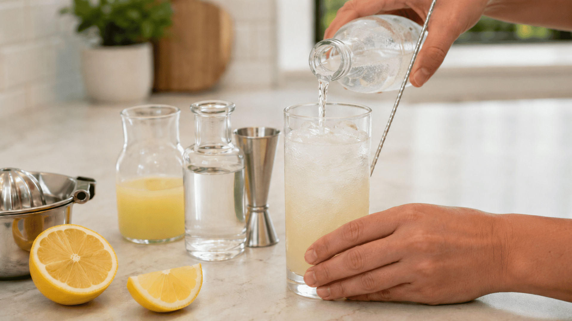 Hands pouring chilled club soda into an ice-filled Tom Collins glass.