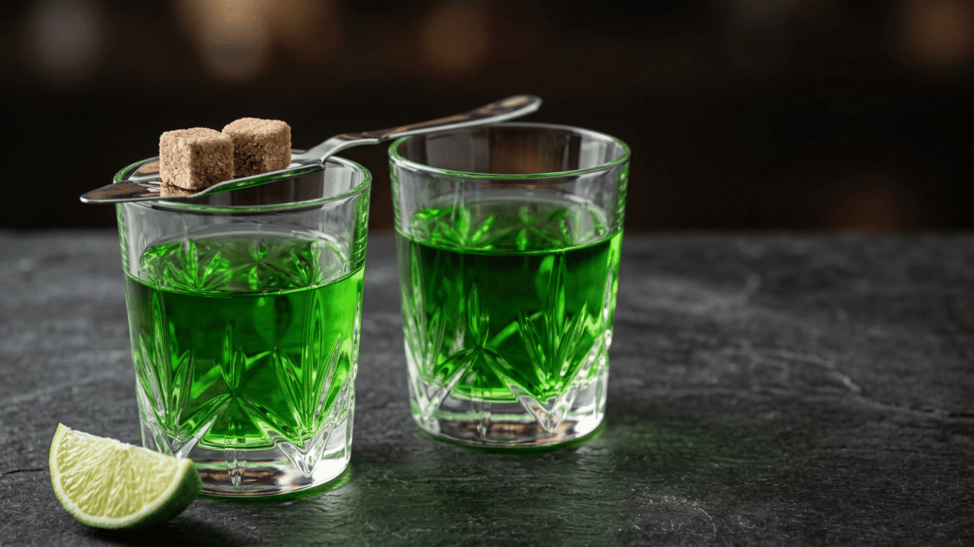 Two glasses of green absinthe with sugar cubes on spoons and a lime wedge on a dark table.
