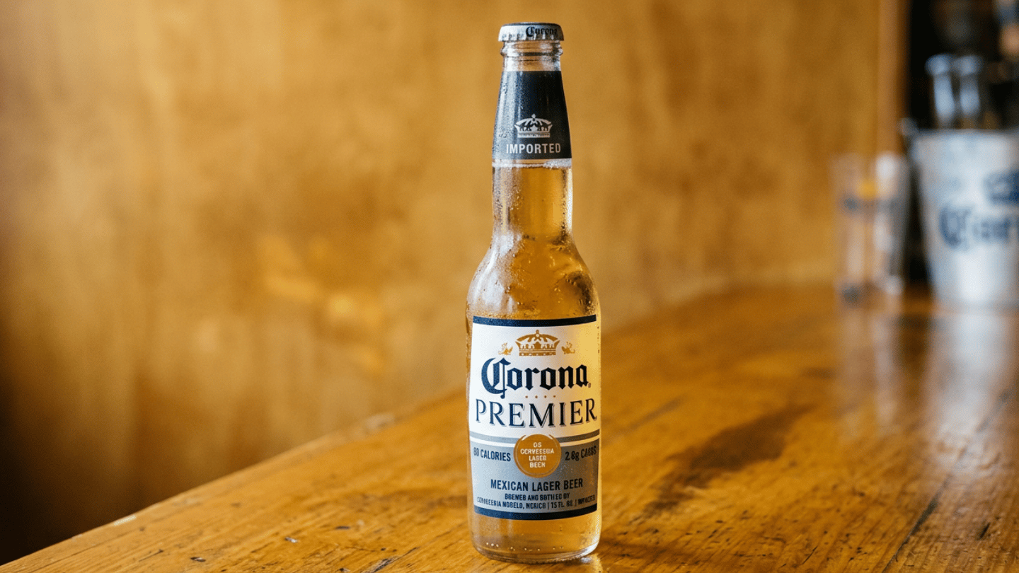 Corona Premier beer bottle displayed on a wooden bar, showing its label and golden lager inside it
