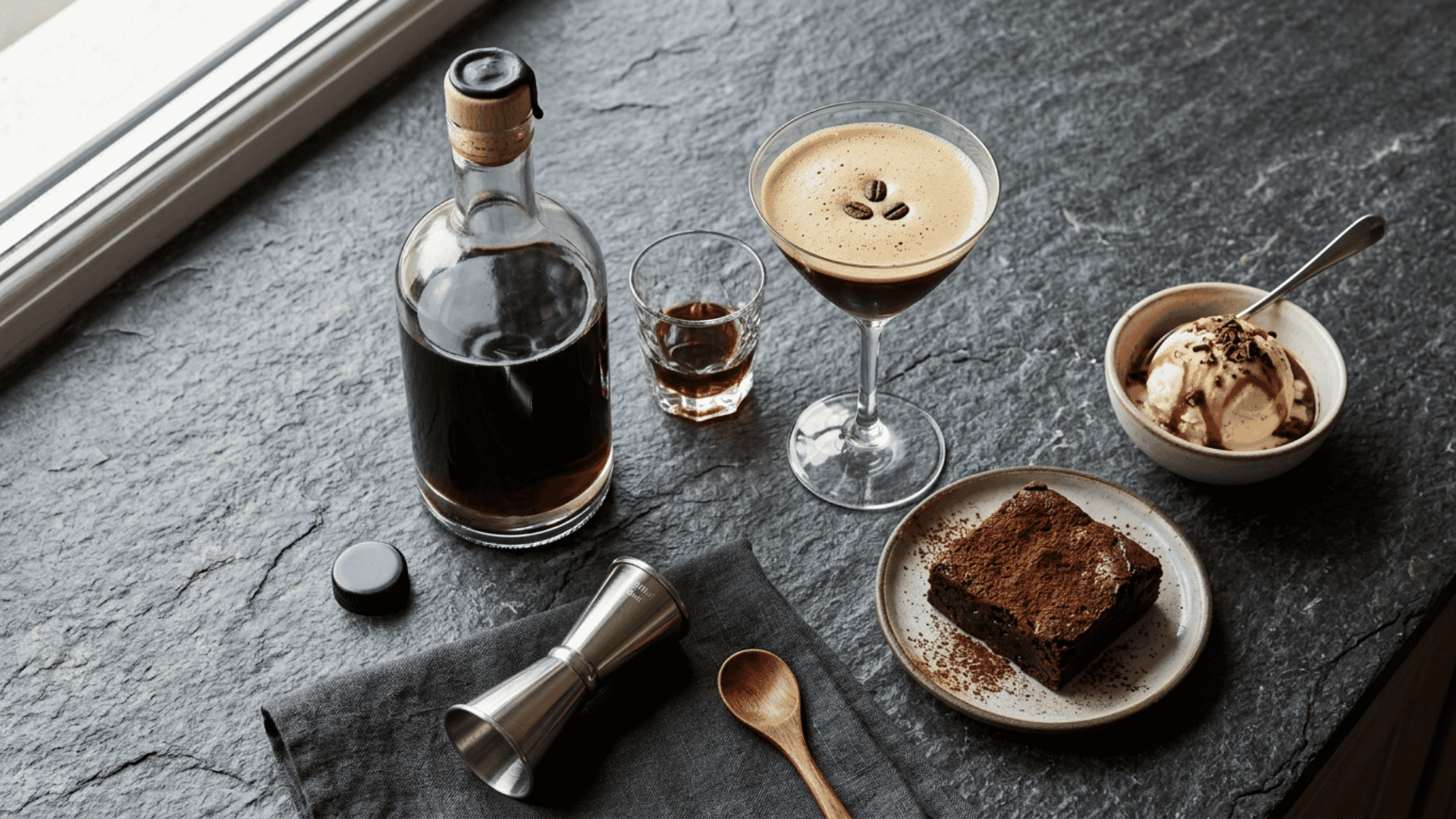 coffee liqueur bottle with a cocktail, brownie, ice cream, and tasting glass