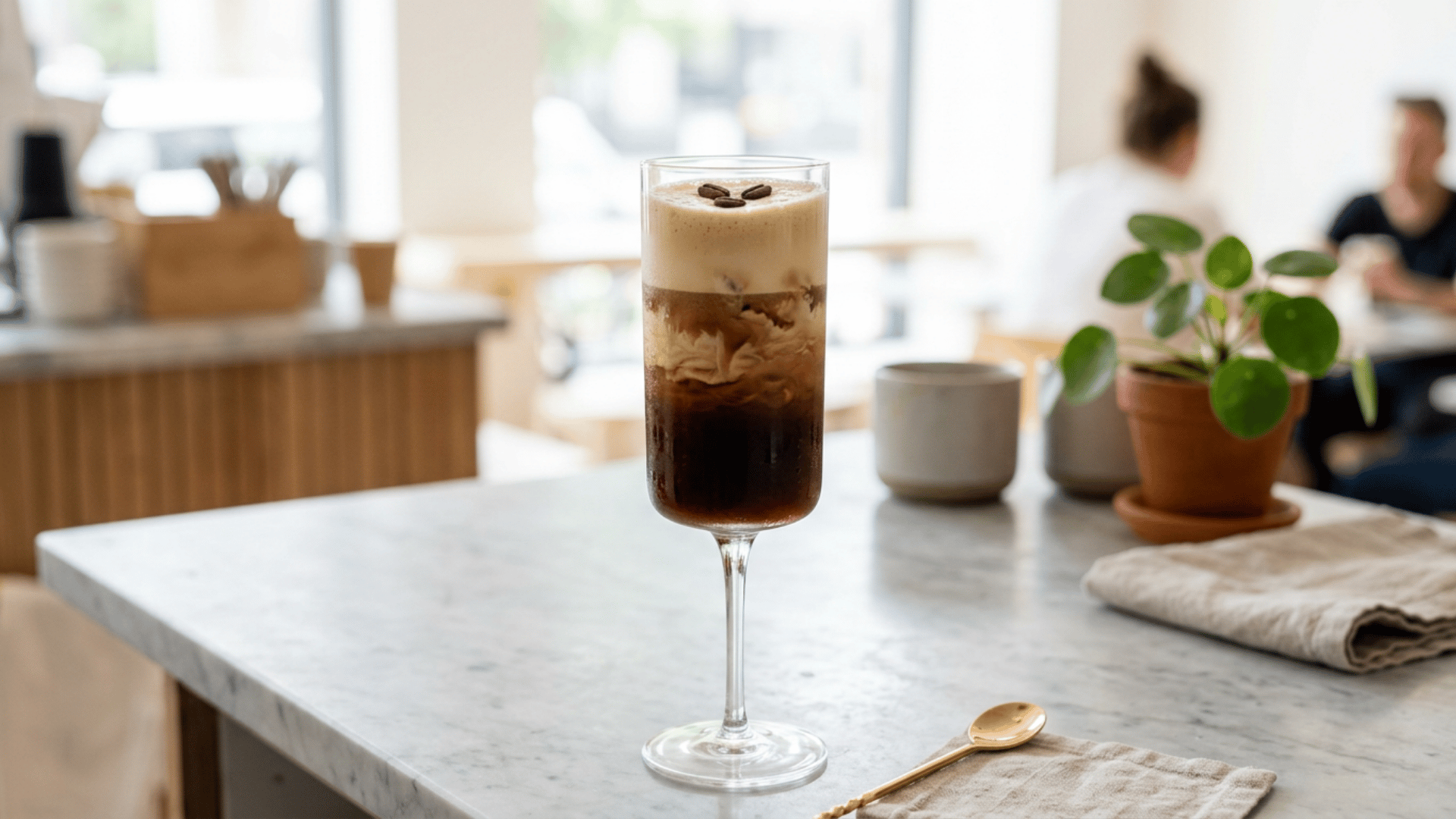 Vanilla Espresso Martini with foam and coffee bean garnish