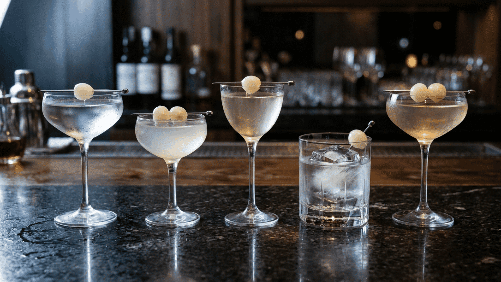 five Gibson cocktail variations with pearl onion garnishes on a dark stone bar