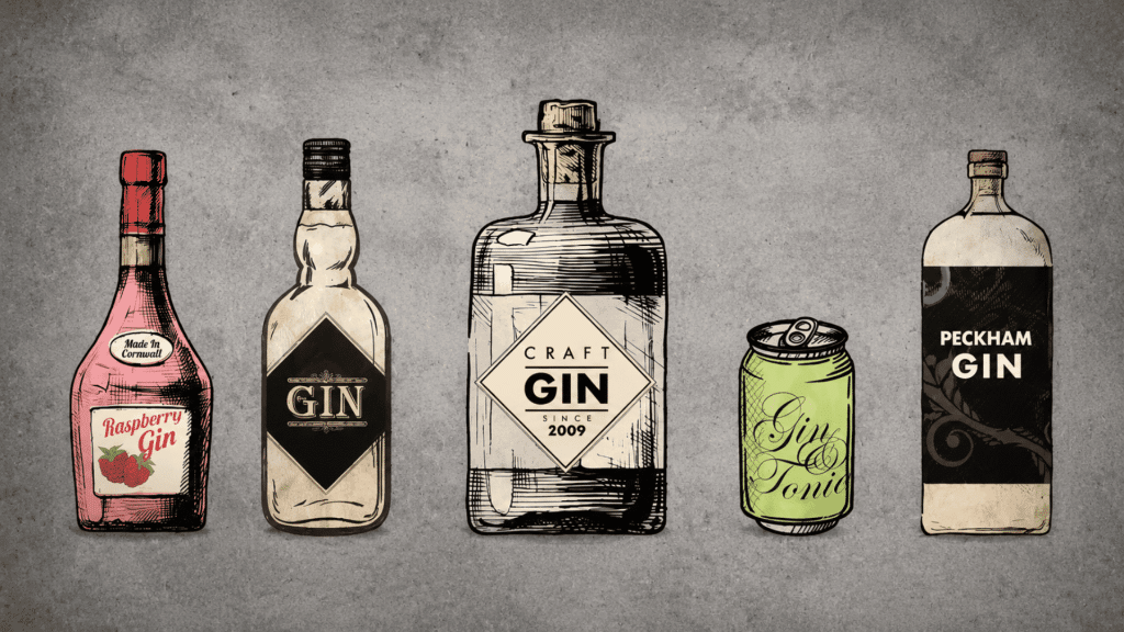 vintage-gin-bottles-grey-background-illustration