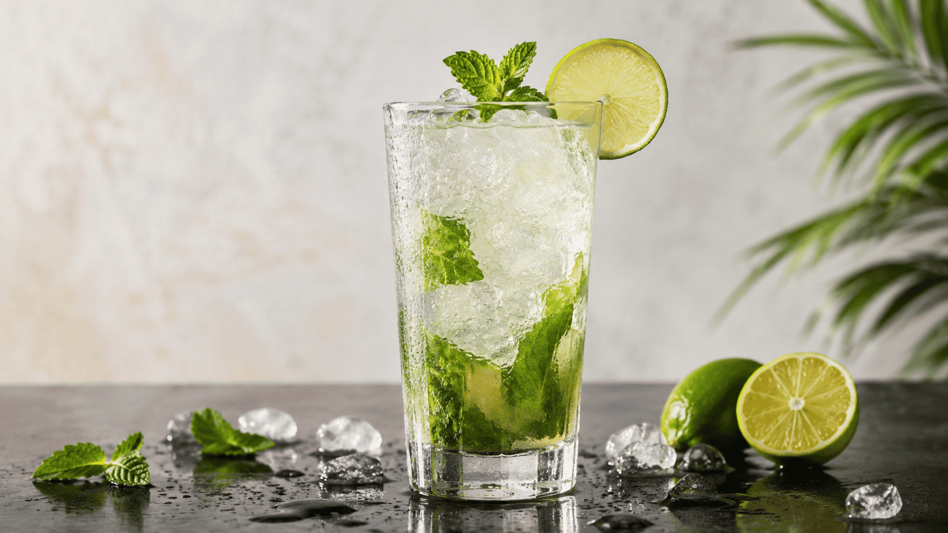 virgin mojito with lime, mint, and crushed ice in a tall glass