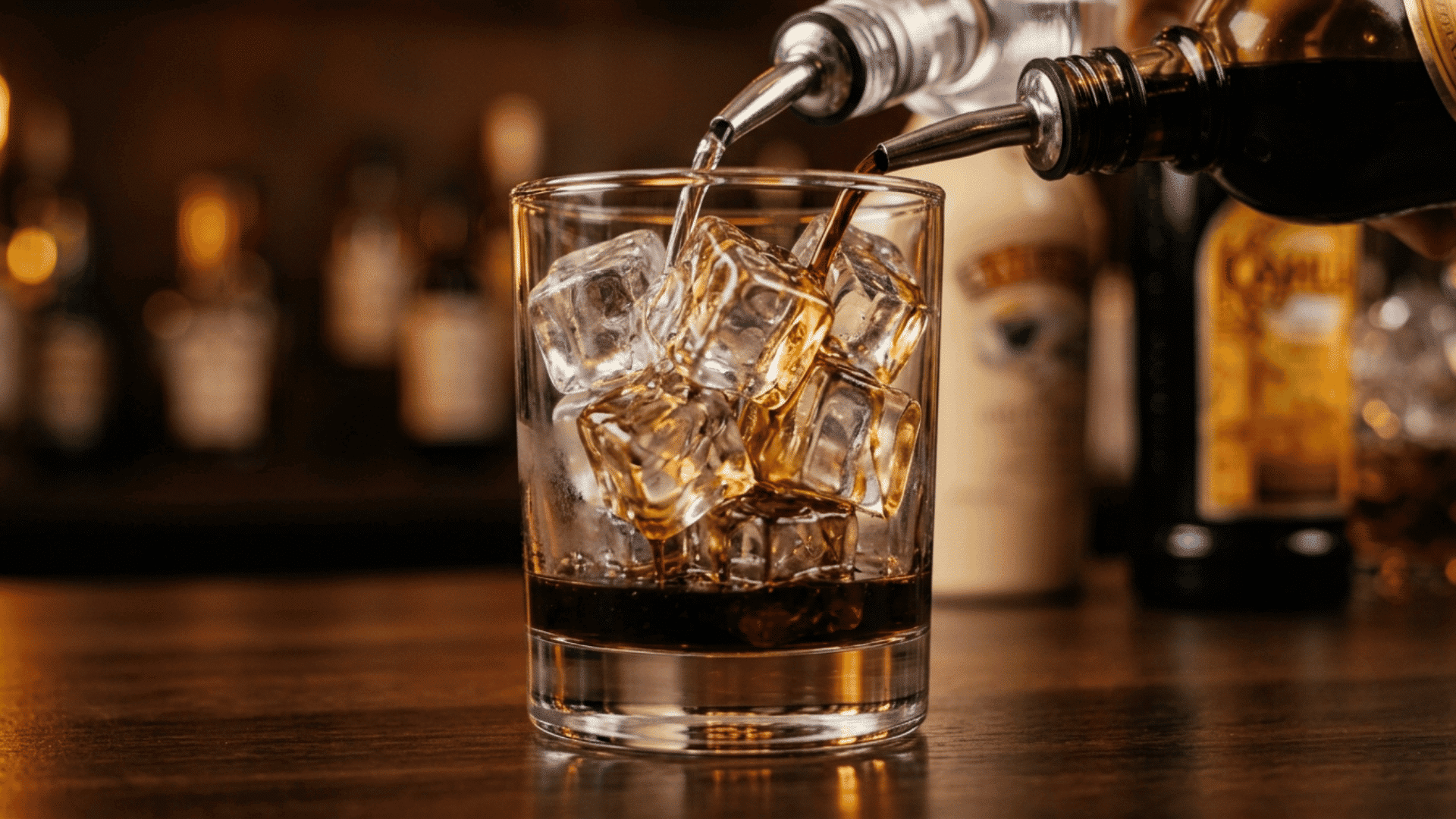 vodka and coffee liqueur pouring over ice in a rocks glass on a warm bar counter
