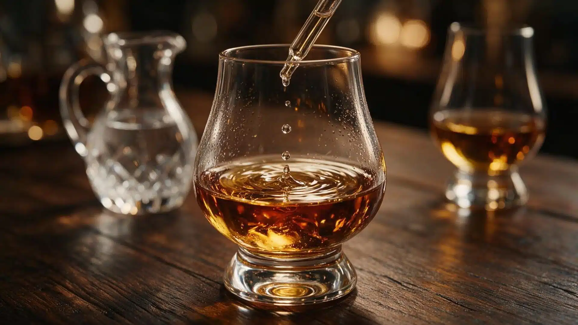water droplets added to neat whiskey in a glencairn glass to open its aroma and flavor