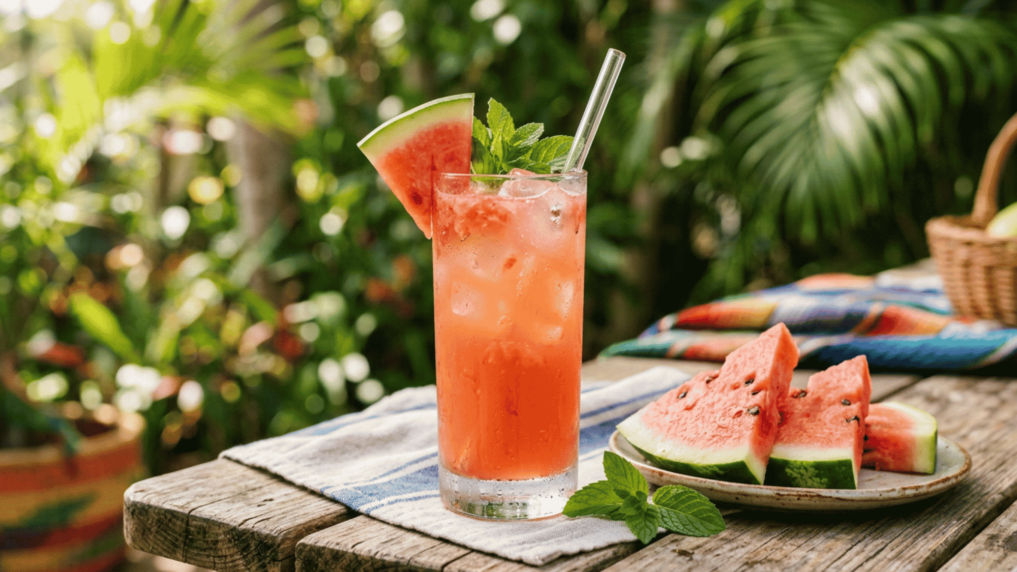 Watermelon rum punch with fresh mint and watermelon garnish served beside sliced watermelon outdoors.