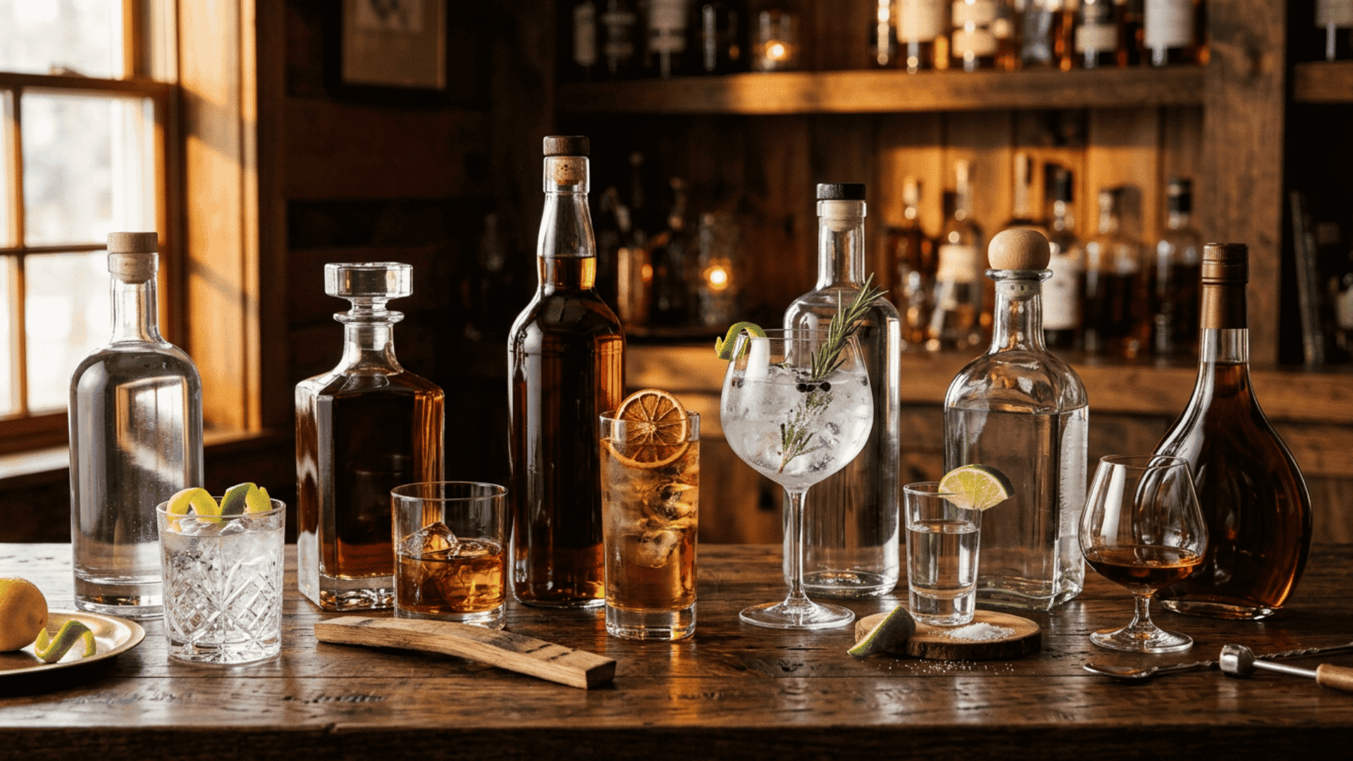 Different types of hard liquor bottles including vodka, whiskey, rum, gin, and tequila