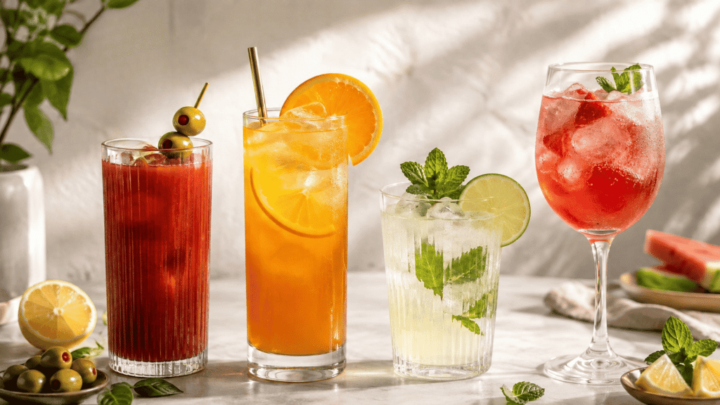 four colorful mocktails with citrus, mint, olives, ice, and fresh garnishes