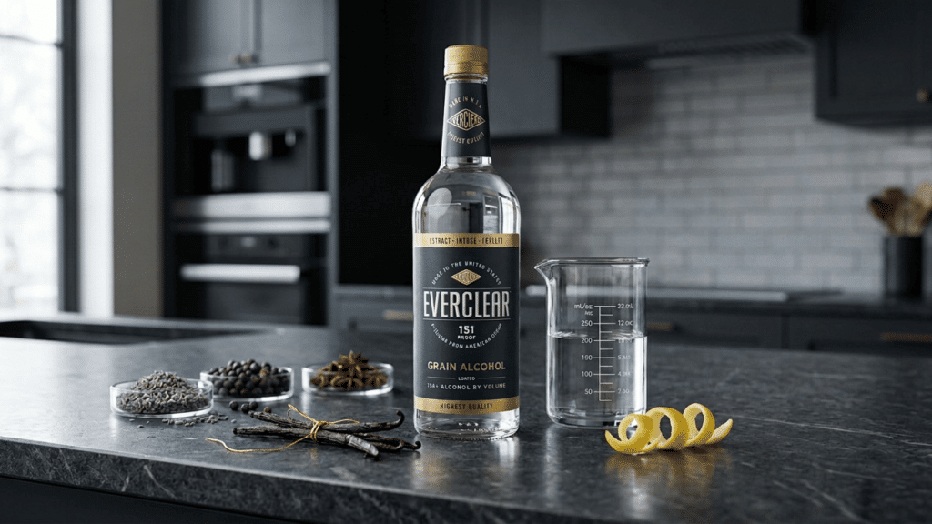 everclear bottle with measuring beaker, vanilla beans, spices, and citrus peels.