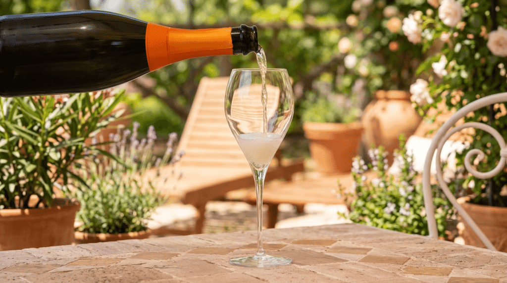 prosecco wine pouring into a glass on a garden patio table